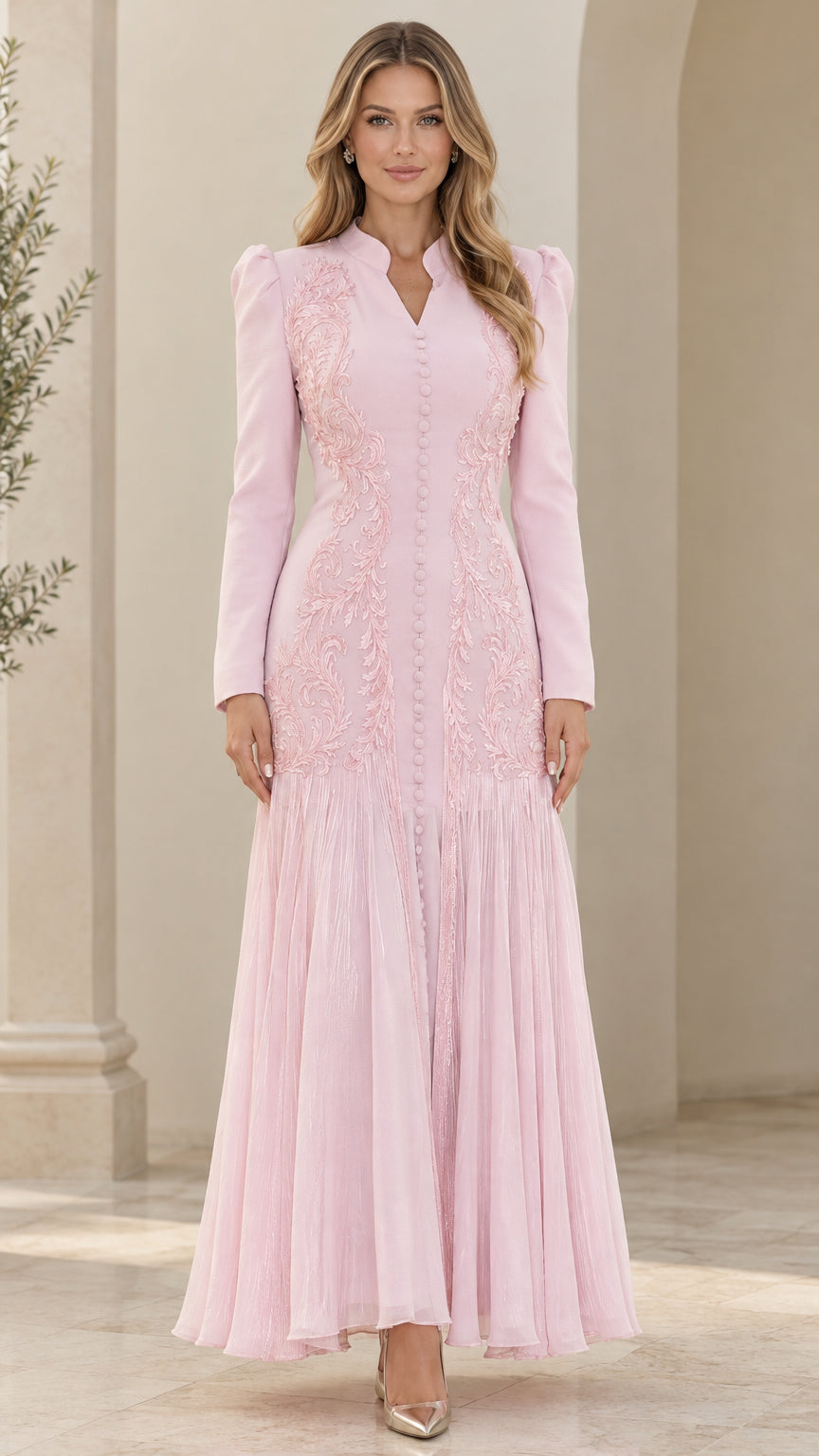 Front full-length view of light pink long sleeve embroidered maxi gown