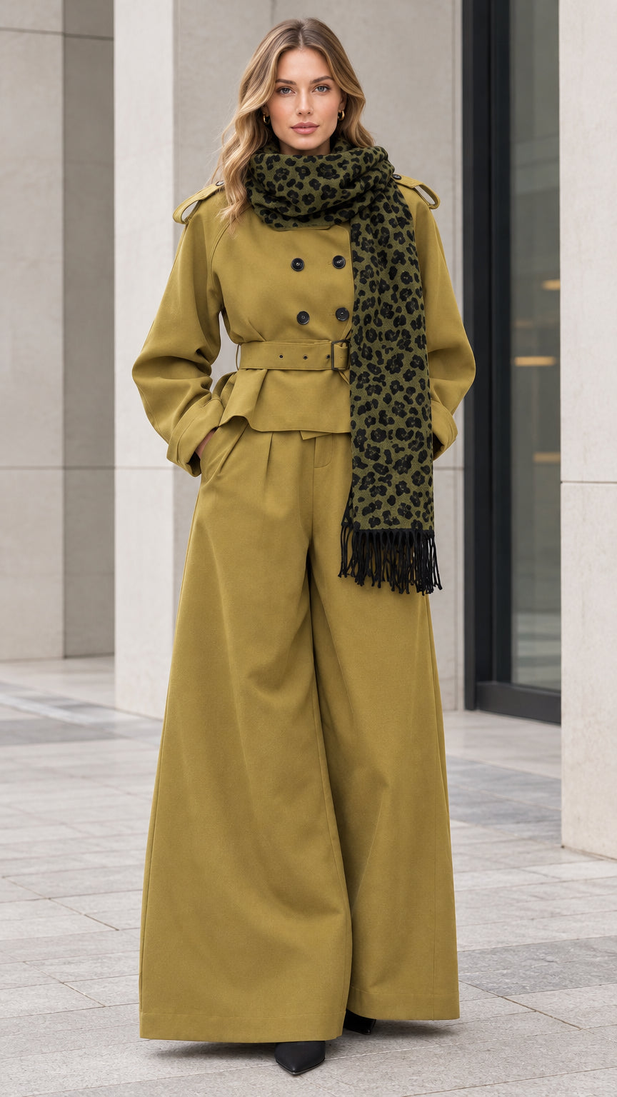Olive green cropped double-breasted trench jacket and wide-leg trousers set front view