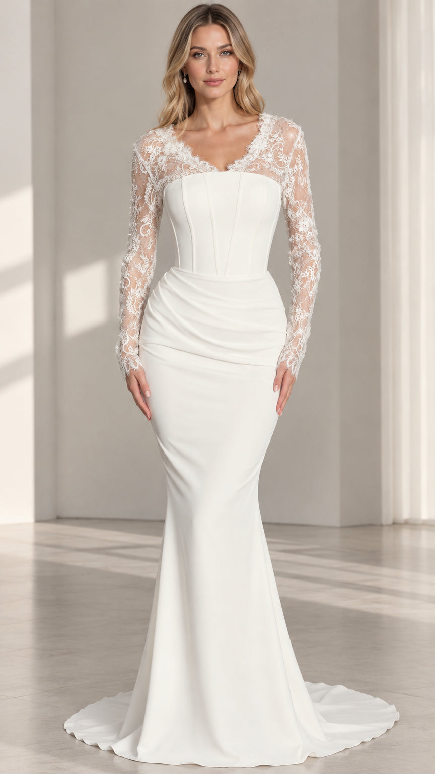 Front view of woman wearing white corset mermaid gown with lace long sleeves