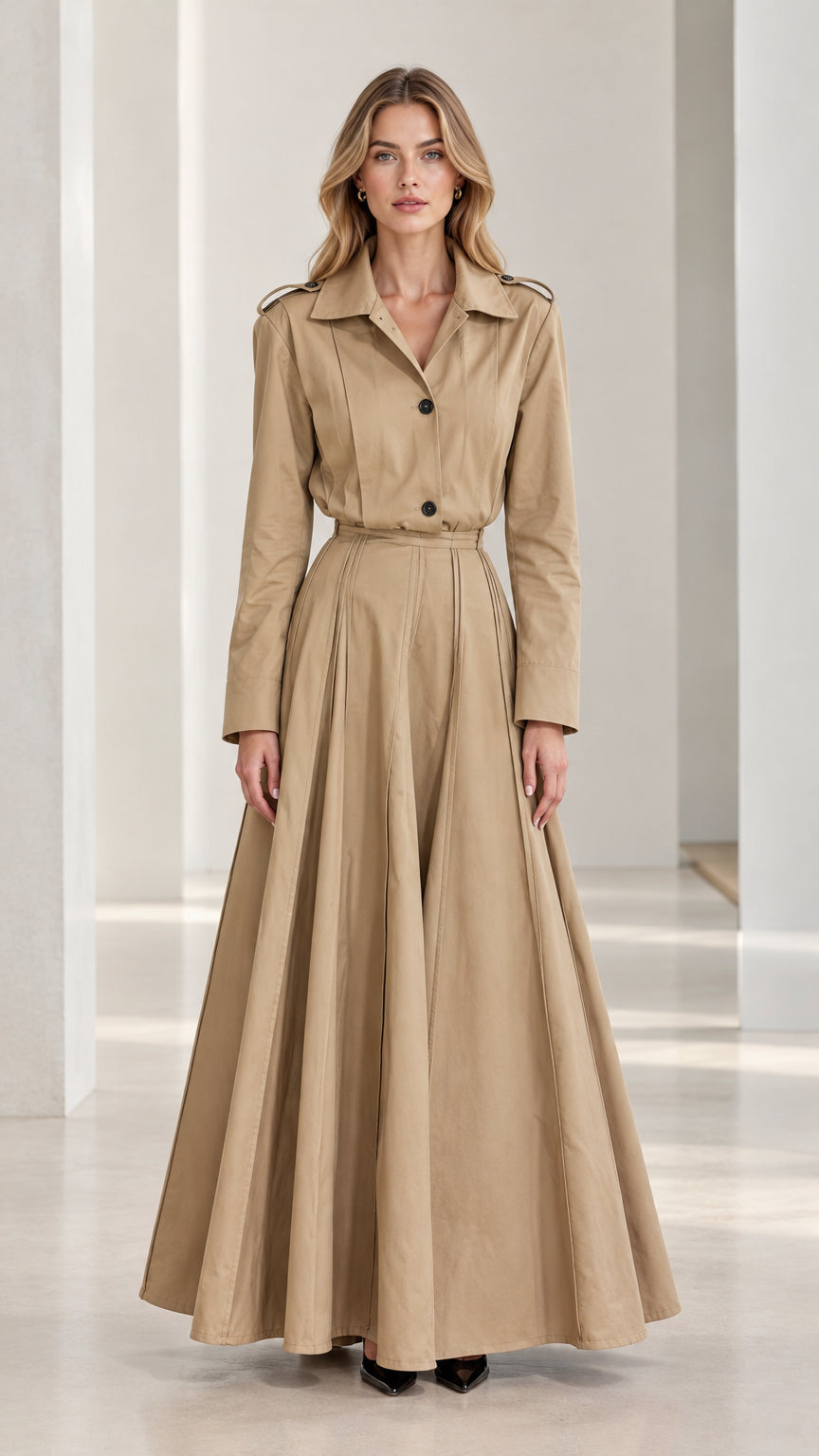 Full front view of khaki long sleeve pleated trench maxi dress