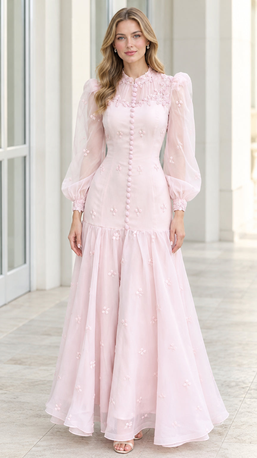 Front full-length view of woman wearing blush pink high neck sheer long sleeve floral embroidered maxi gown
