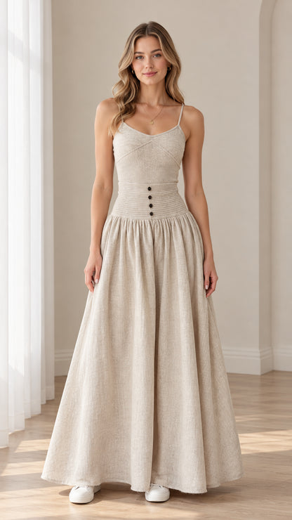 Women's oatmeal ribbed knit drop waist cami maxi dress front view