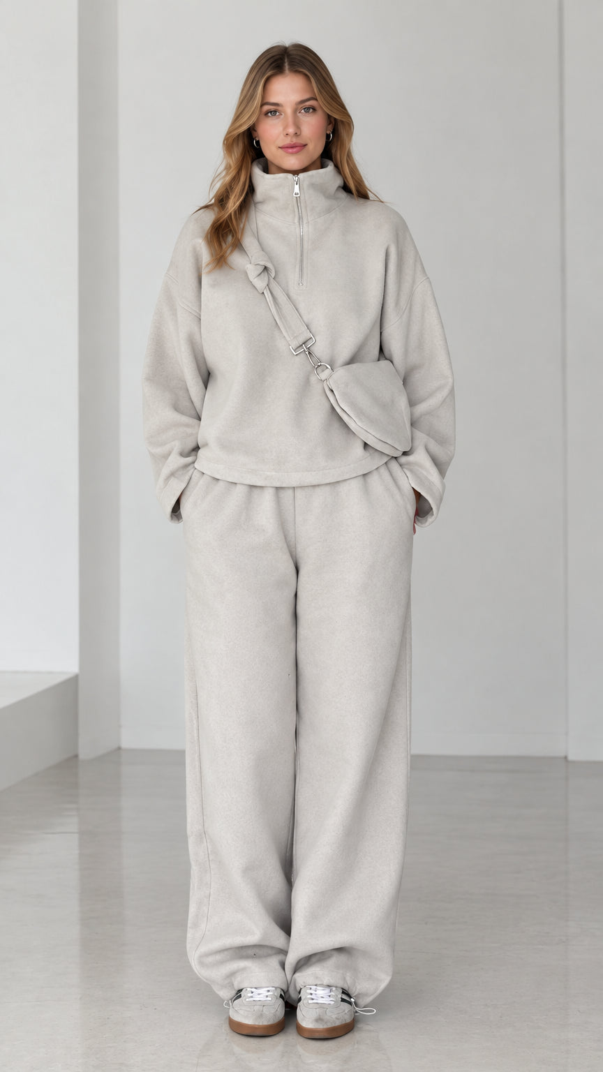 Women's Light Gray Fleece Half-Zip Pullover and Wide-Leg Lounge Pants Set front view