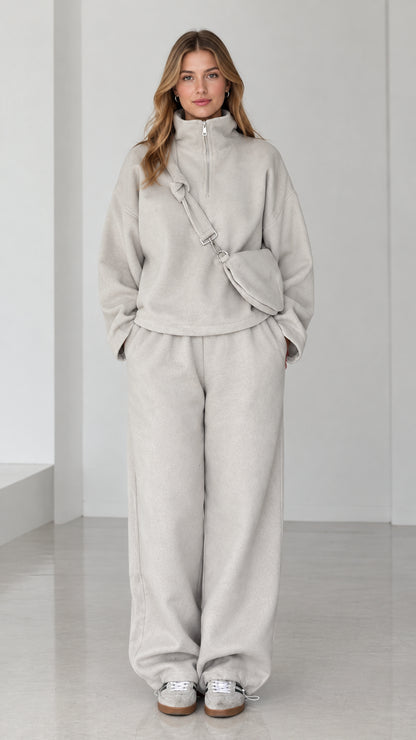 Women's Light Gray Fleece Half-Zip Pullover and Wide-Leg Lounge Pants Set front view