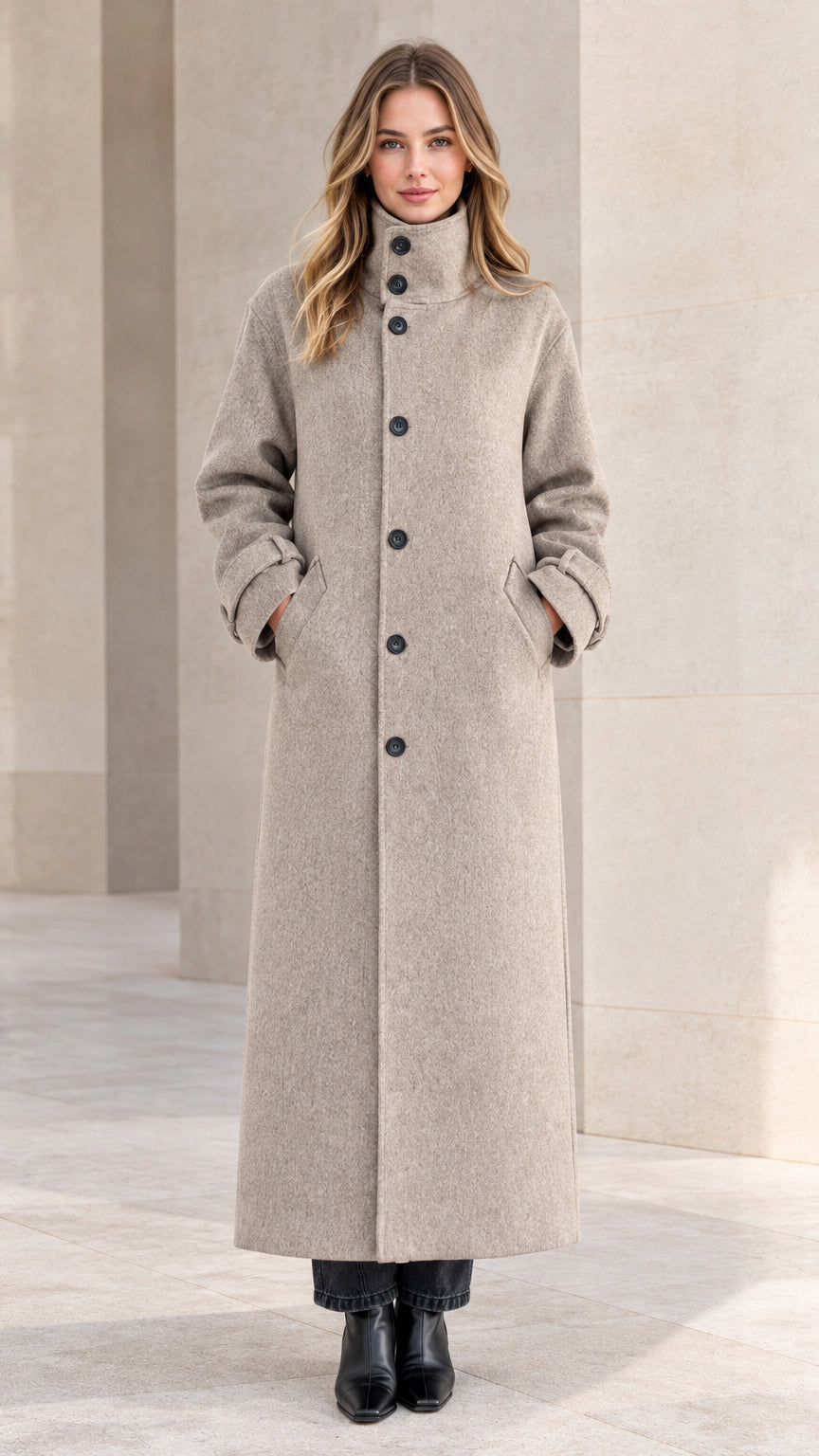 Front full view of woman wearing heather grey high stand collar maxi coat with black boots