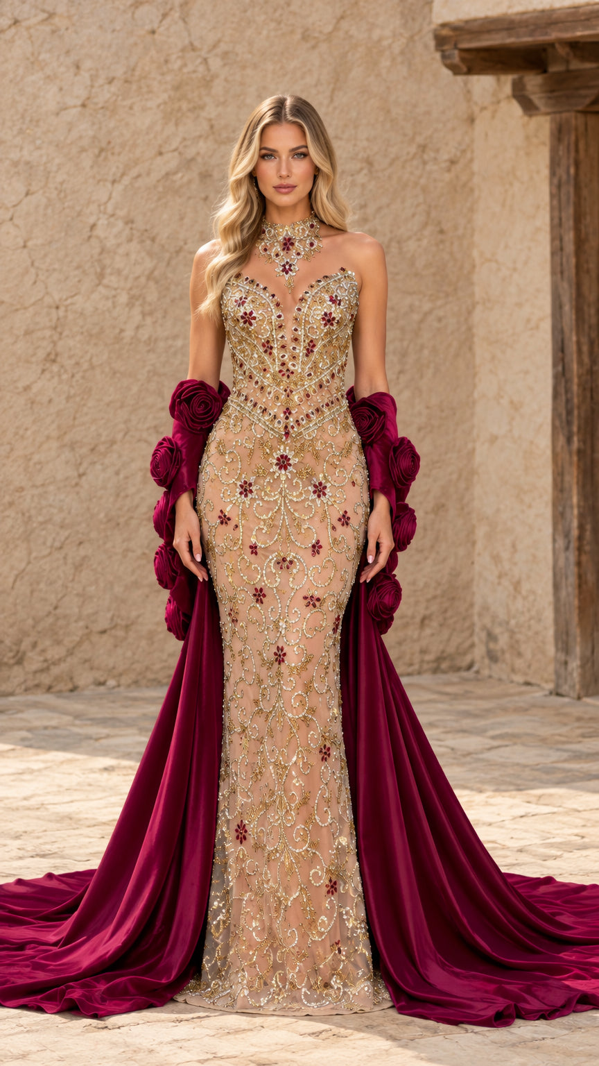 Full front view of champagne and burgundy beaded evening gown with rosette cape train