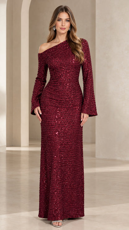 Burgundy one-shoulder long sleeve sequin maxi evening gown front view