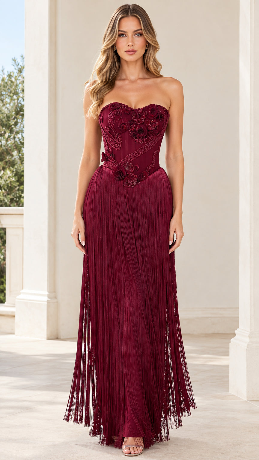 Burgundy strapless corset fringe maxi dress front view with 3D floral appliques