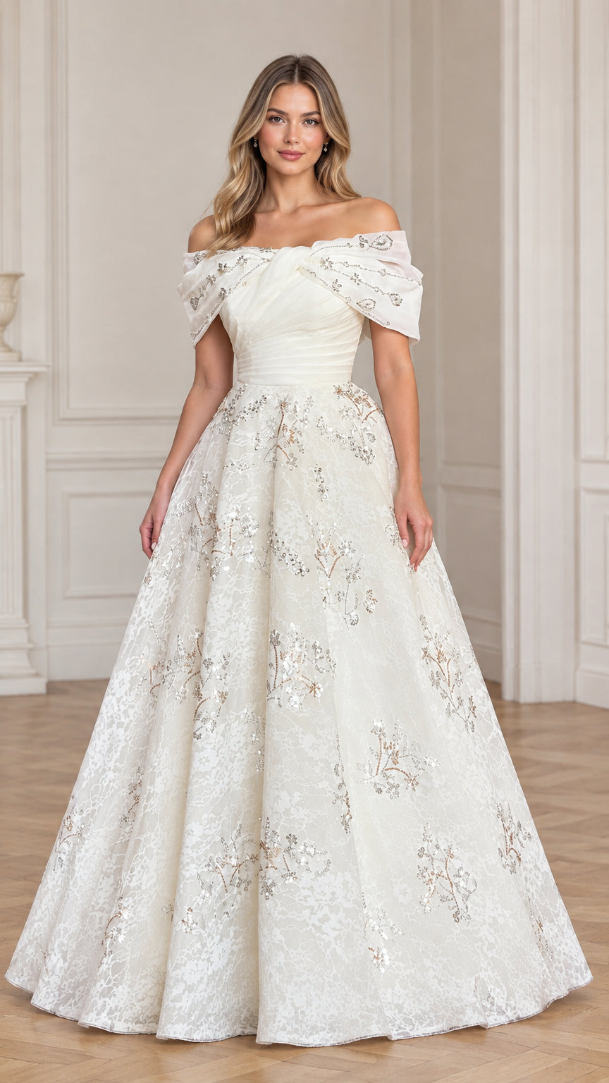 Full front view of model wearing ivory off-the-shoulder embroidered lace ball gown