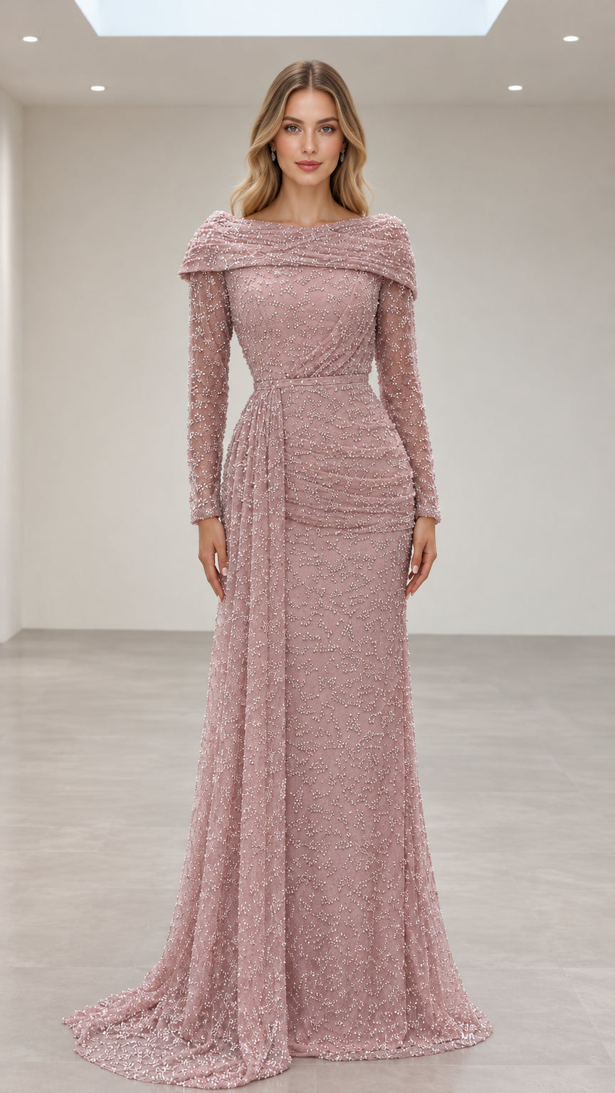 Dusty Rose beaded long-sleeve evening gown with draped waist and portrait neckline - front view