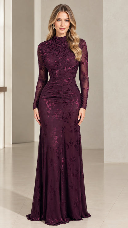 Front view of model wearing Burgundy Ruched Mock Neck Floral Lace Maxi Dress