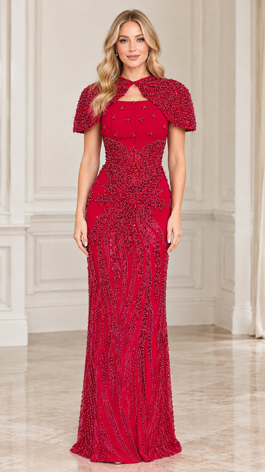 Red beaded column evening gown with capelet overlay front view
