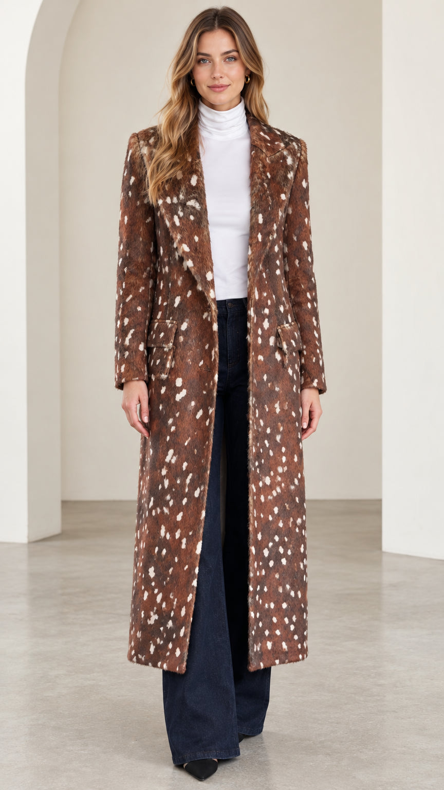 Front full-length view of woman wearing brown speckled tailored maxi coat