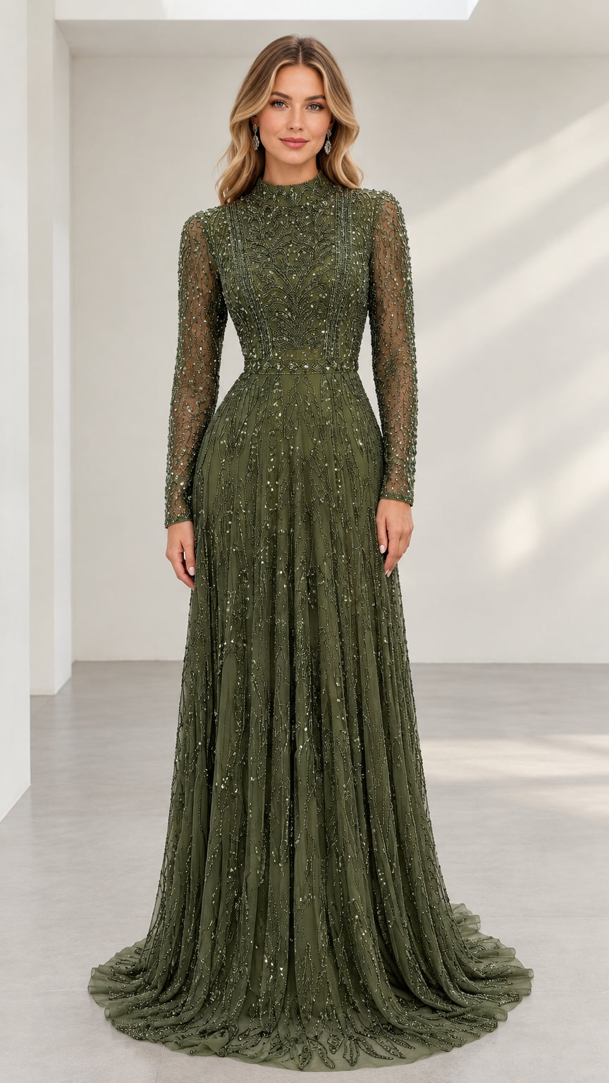 Front view of model wearing olive green high neck beaded long sleeve evening gown