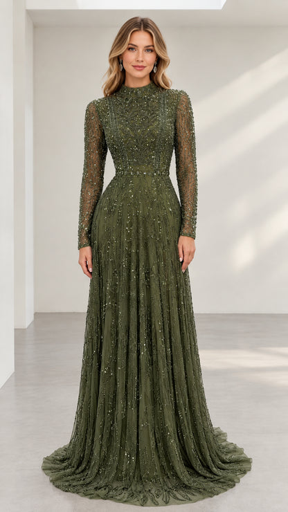 Front view of model wearing olive green high neck beaded long sleeve evening gown