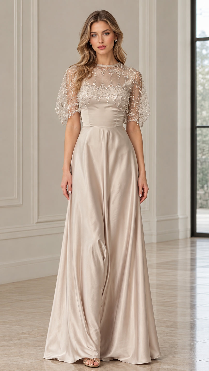 Front full view of Champagne beaded illusion capelet satin evening gown