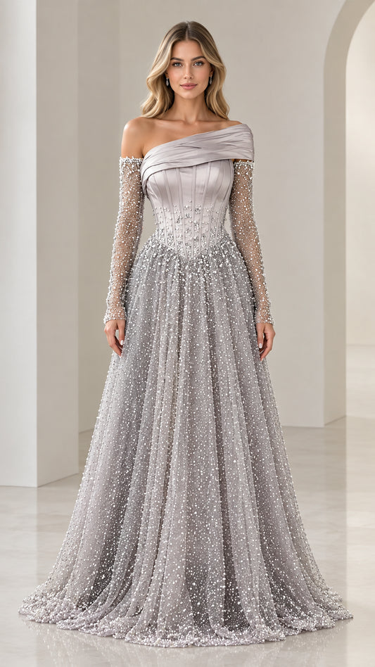 Front view of silver grey asymmetrical off-the-shoulder beaded evening gown