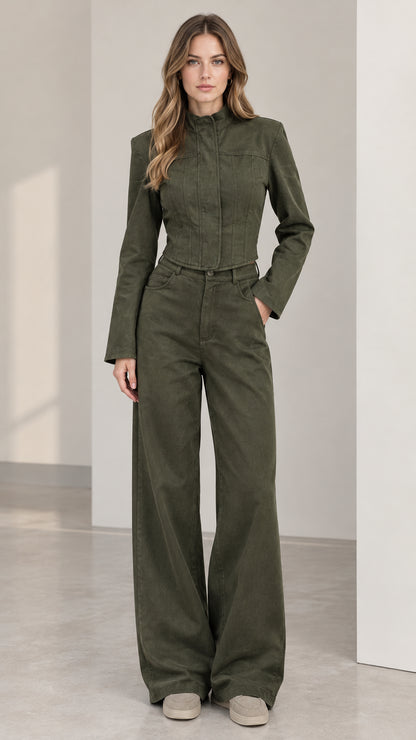 Full front view of women's olive green cropped jacket and wide leg pants set