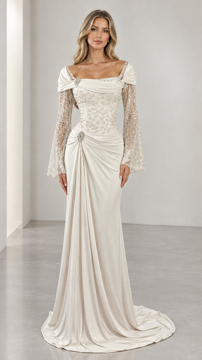 Ivory formal evening gown with beaded lace bodice and draped waist front view