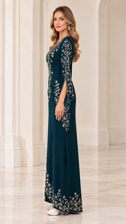 Side profile view of Dark Teal floor-length evening dress with embroidered split sleeves