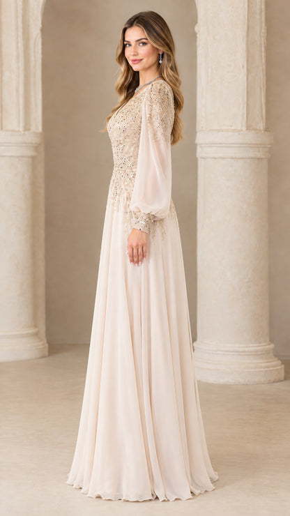Side angle view of woman wearing champagne long sleeve formal dress