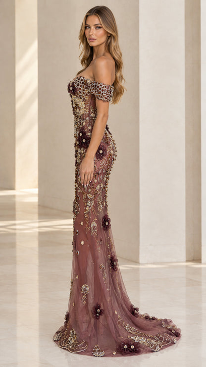 Side profile view of dusty mauve 3D floral embellished evening gown