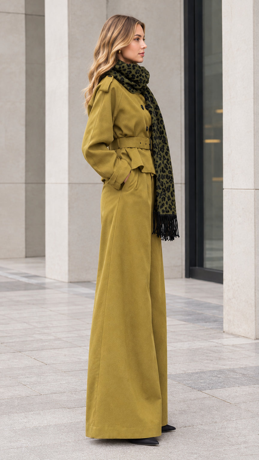 Side view of woman wearing olive green trench pant set