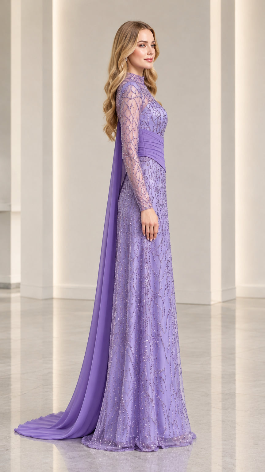 Side profile of lavender sequined formal gown showing floor-length chiffon side train