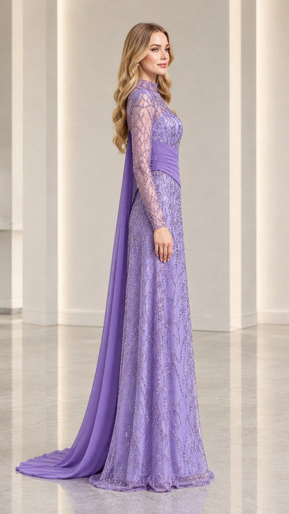 Side profile of lavender sequined formal gown showing floor-length chiffon side train