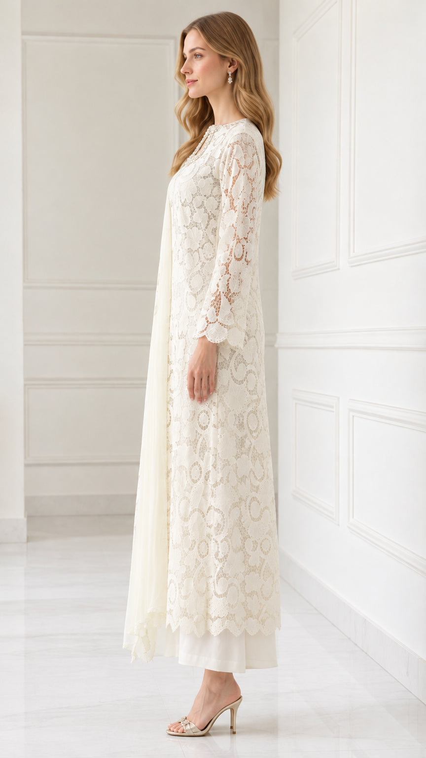 Side profile view of Ivory floral lace tunic set showing sleeve and drape detail