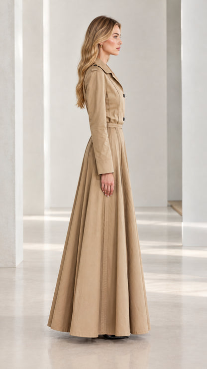 Side profile view of khaki pleated trench maxi dress