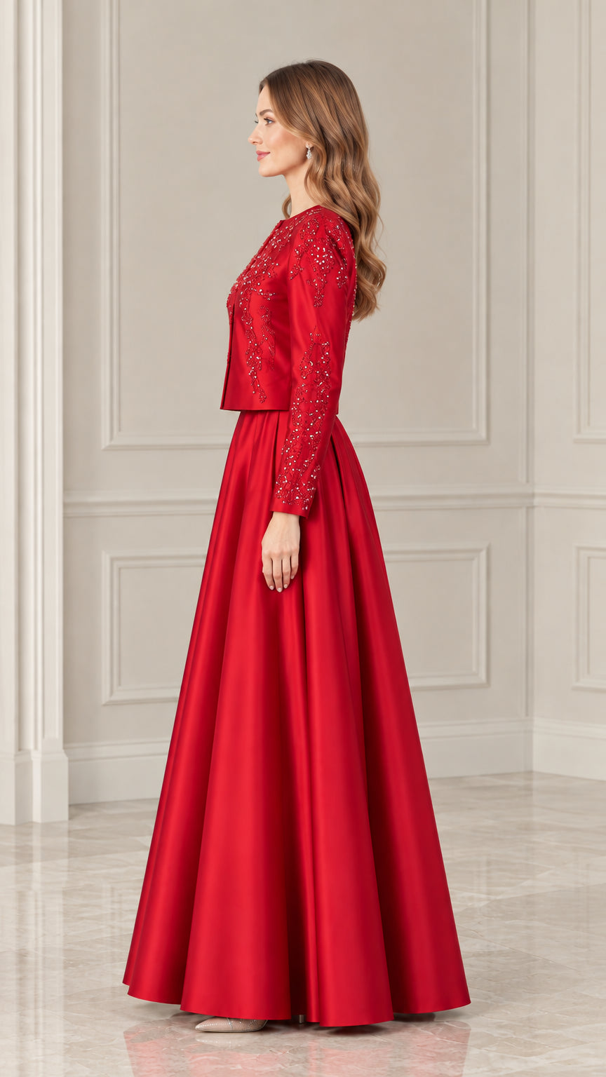 Side profile view of red long sleeve beaded formal dress set