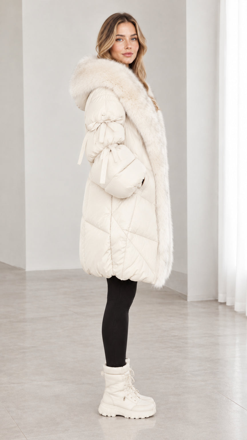 Side profile view of off white mid length hooded puffer coat