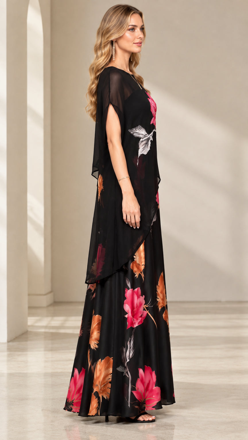Side profile of woman wearing black floral overlay evening dress