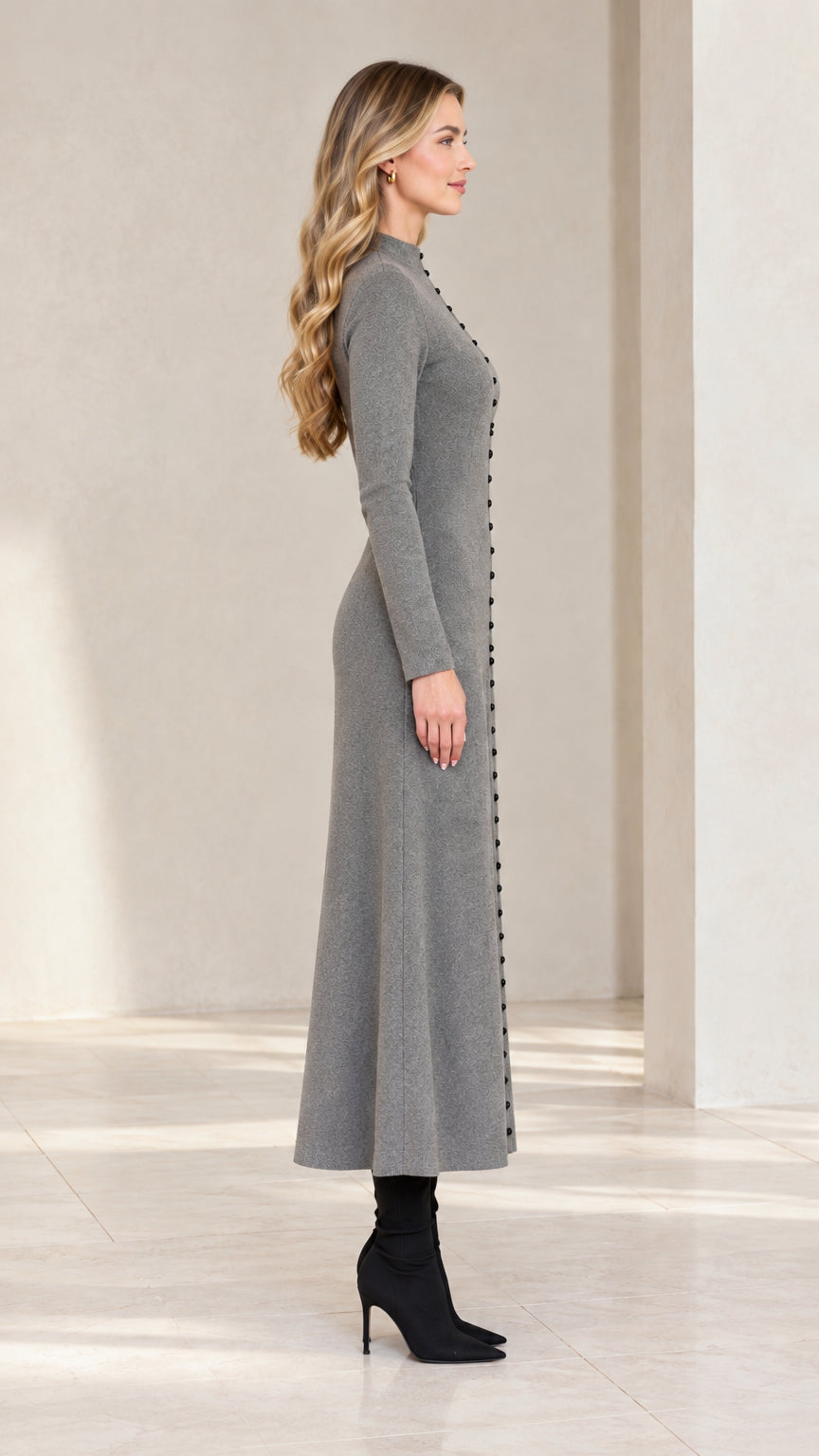 Side profile of model wearing Heather Grey long sleeve A-line maxi dress
