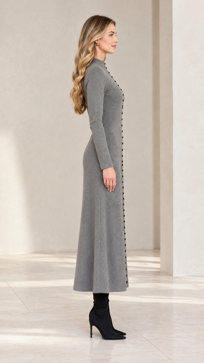 Side profile of model wearing Heather Grey long sleeve A-line maxi dress
