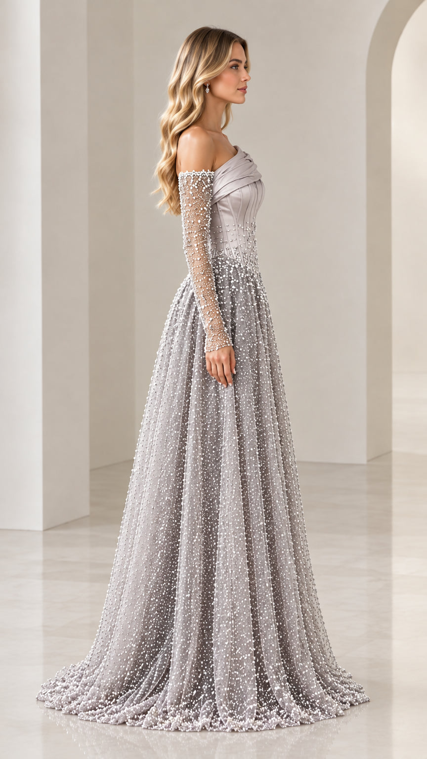 Side profile of silver grey long sleeve pearl-embellished formal dress