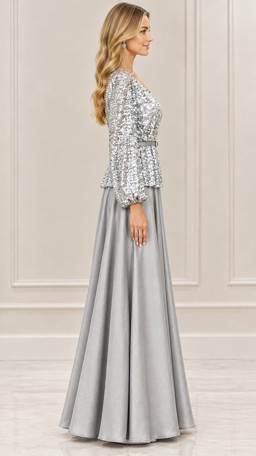 Side profile view of silver sequin belted maxi dress with flowing A-line skirt