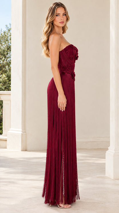 Burgundy strapless fringe evening dress side profile view