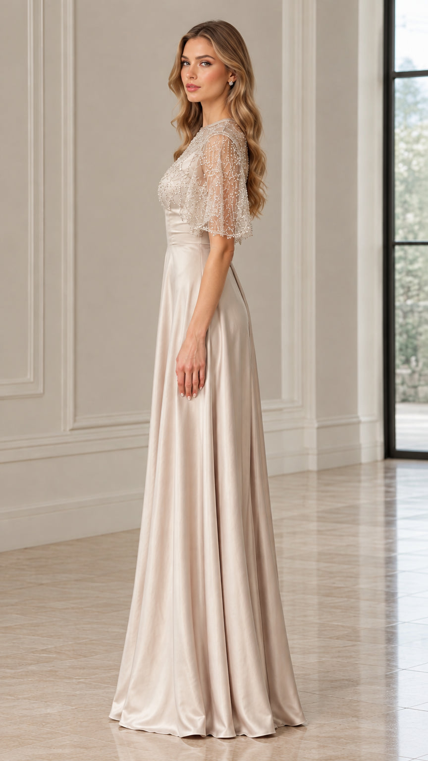 Side profile of woman wearing Champagne beaded satin formal maxi dress