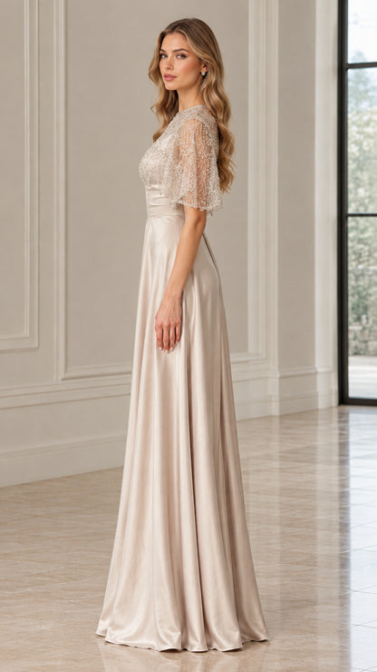 Side profile of woman wearing Champagne beaded satin formal maxi dress