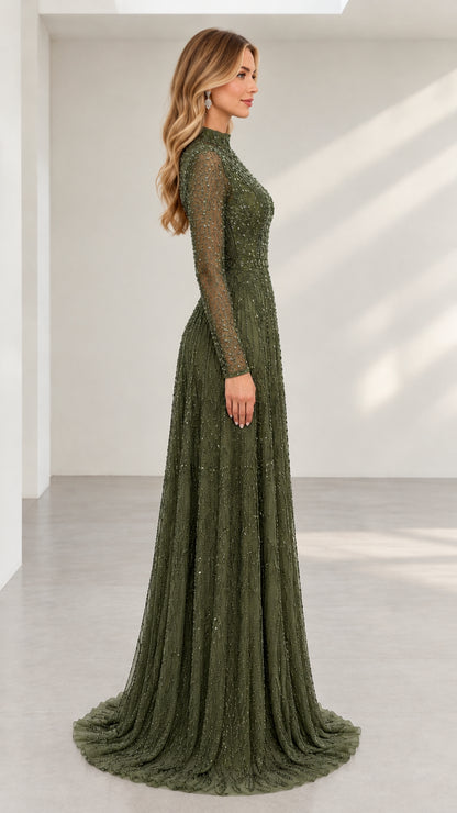 Side profile view of olive green sequined long sleeve floor-length formal dress