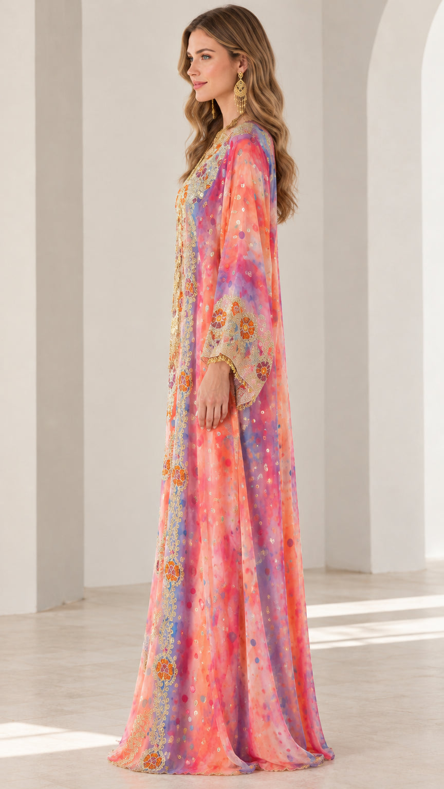 Side profile of sunset multi color embroidered kaftan maxi dress