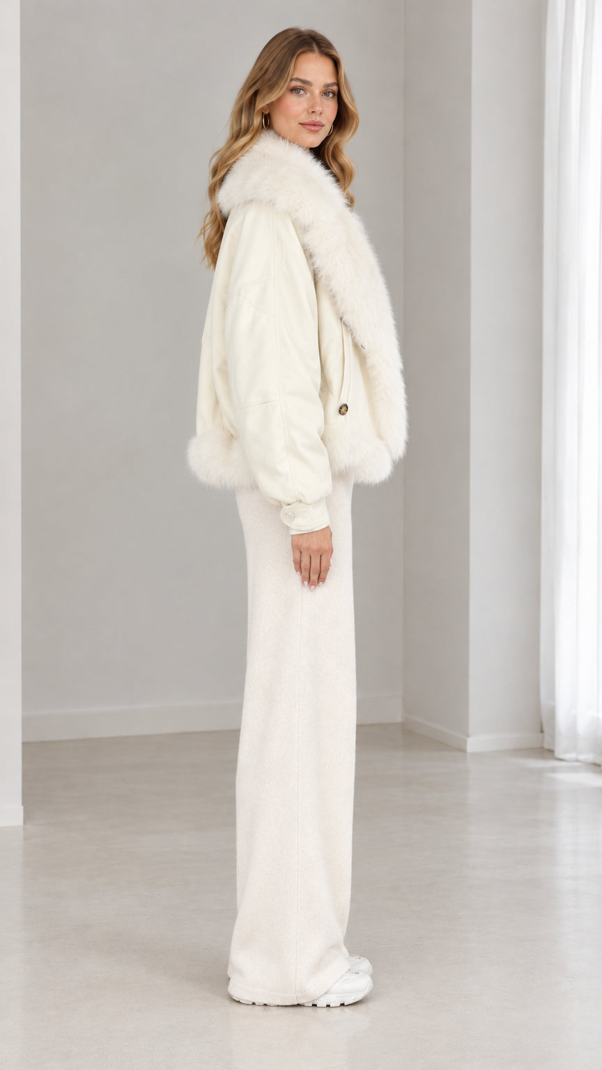 Side profile view of woman wearing cream faux-fur trim bomber jacket