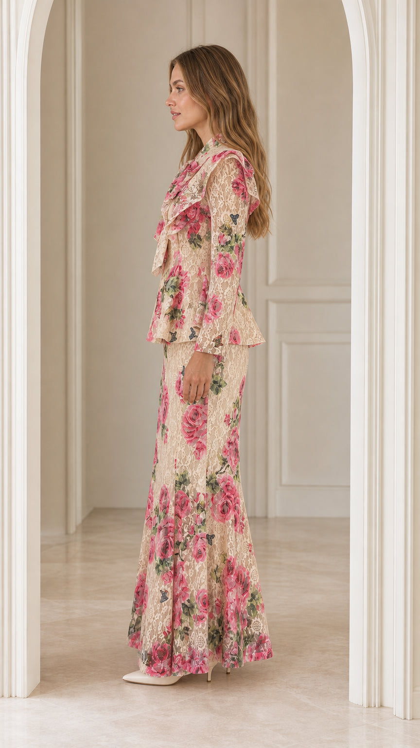 Side profile view of woman wearing beige floral lace two-piece set