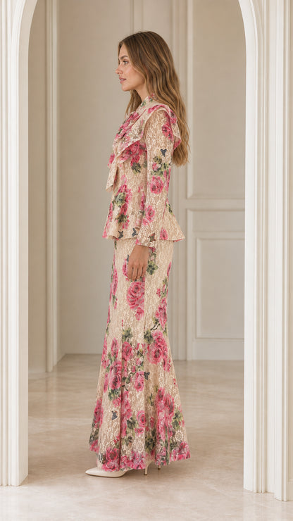 Side profile view of woman wearing beige floral lace two-piece set