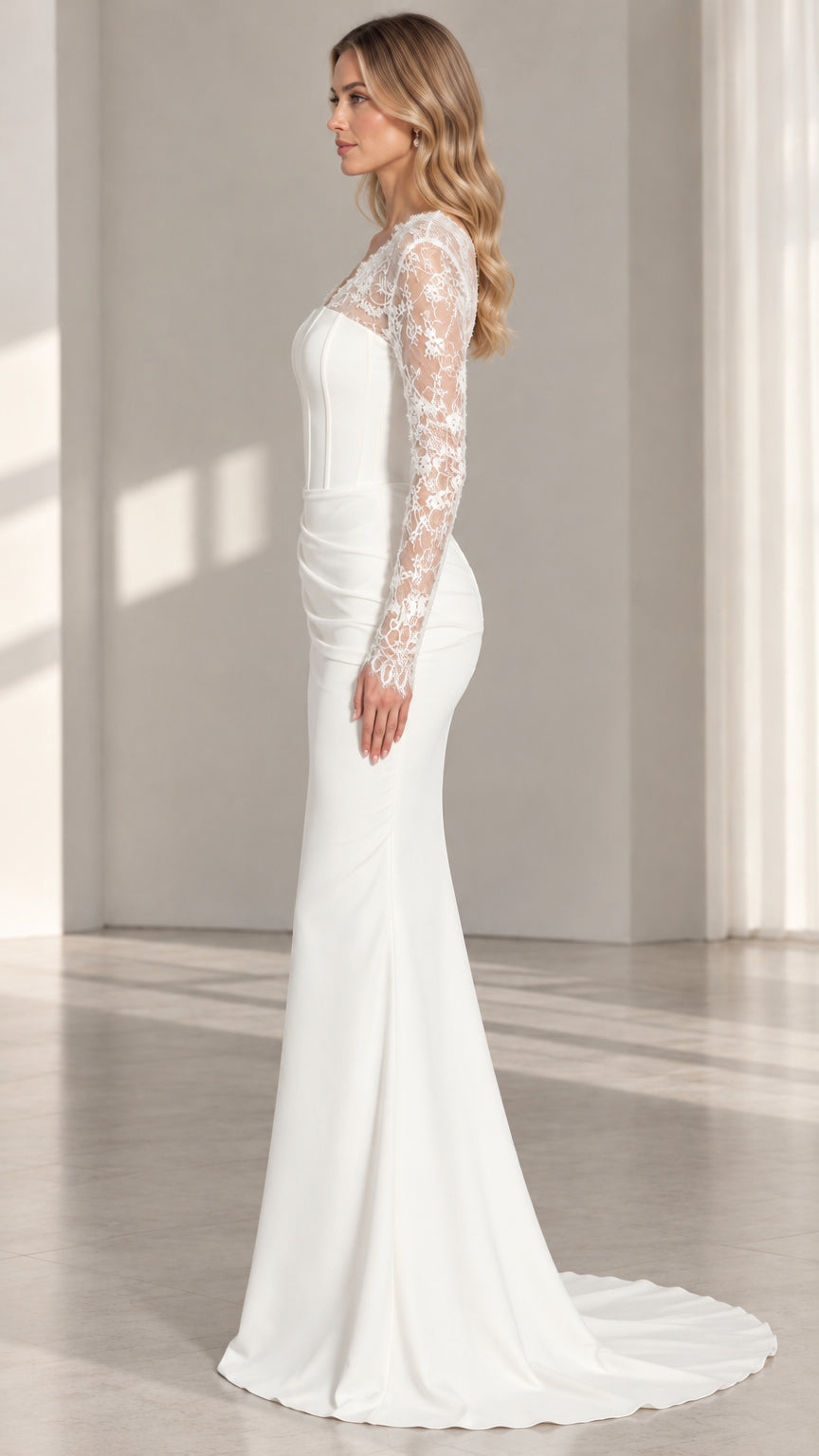 Side profile of white long sleeve mermaid formal dress with train