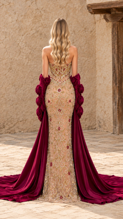 Back view of floor-length beaded evening gown with flowing burgundy train