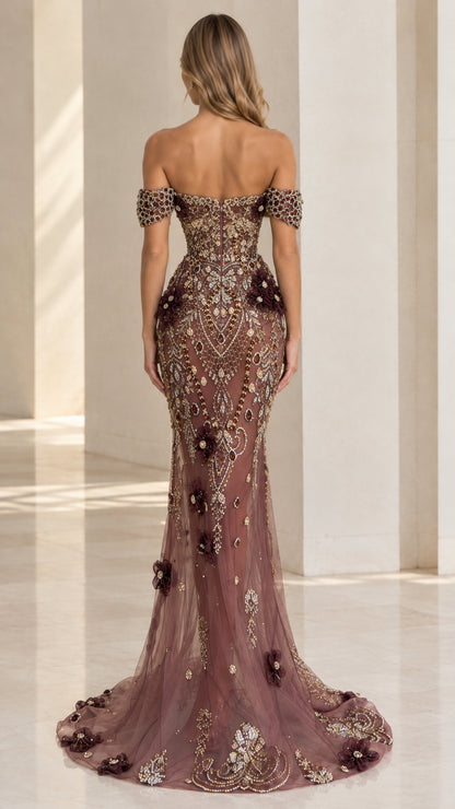 Back view of dusty mauve beaded mermaid gown showing train and low back