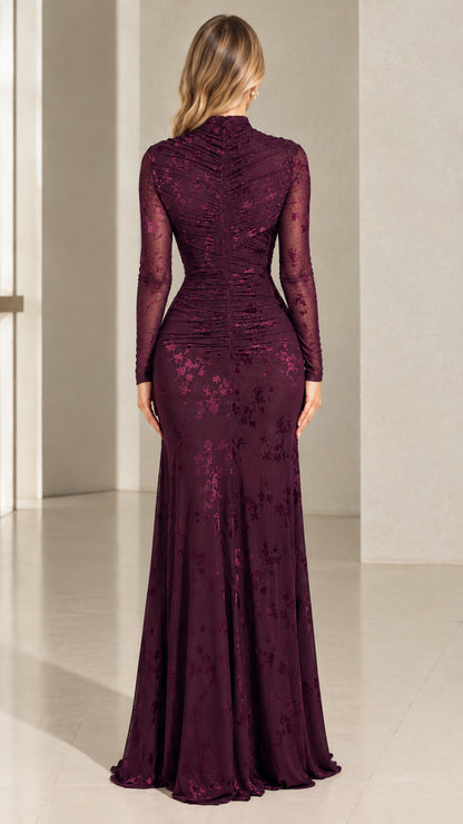Back view of model in Burgundy Ruched Floral Lace Evening Dress